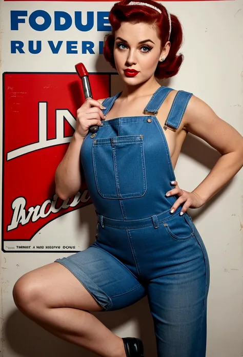 photo of a woman in a blue overall holding a wrench, pin-up girl, Earl, pin up poster girl, pin up girl, pinup model