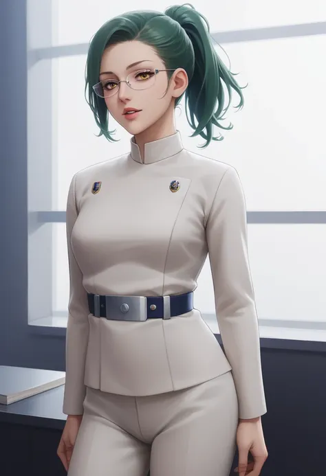 score_9_up, score_8_up, score_7_up, 1girl, solo, mature female, Maki, green ponytail  hair, yellow eyes, glasses, pink lips, parted lips, fit slim body, perfect medium erected breast, (((imperial officer outfit))), dark grey living room, looking at the vie...