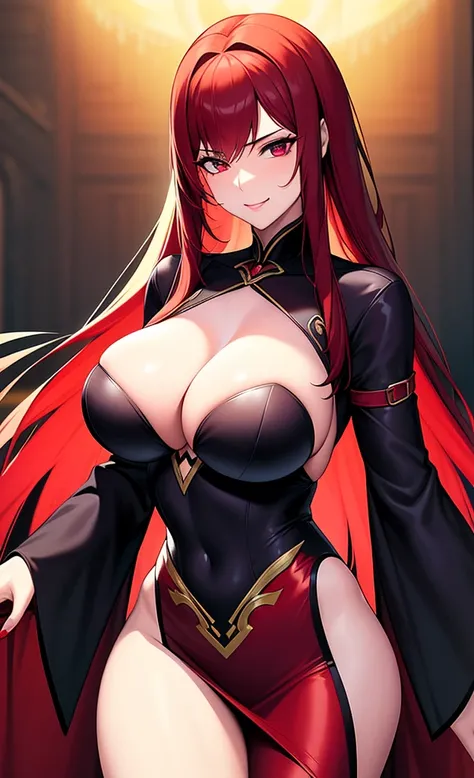 best quality, ultra high resolution, NSFW, hyper-detailed, intricately detailed, masterpiece, anime style, beautiful tall mature woman, mature woman around 28, white woman Milf, crimson (red) hair, long straight hair, red (blood) eyes, elegant, compassiona...