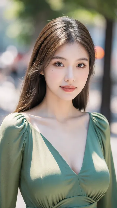 ((Best quality, 8K, masterpiece:1.3))，1girl，18 years old，Asian，Real texture:1.3，(Background blur:1.1)，Gorgeous long dress，Tall and slender figure:1.2，(Hot summer weather)，（street:1.3），Highly detailed face and skin textures，Exquisite eyes，Long eyelashes，Dou...