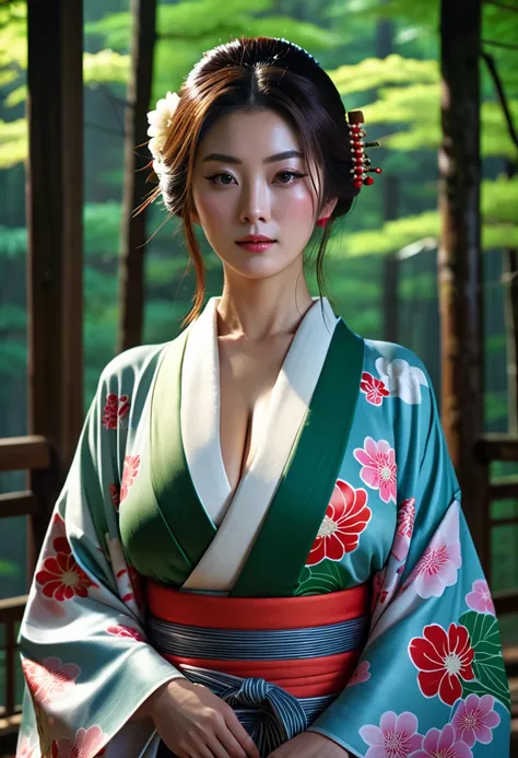 Beautiful woman、Japanese tradition、(Very large breasts)、kimono、Spectacular views、Suspicious atmosphere、Cinematic atmosphere、(best quality,4K,8K,highres,masterpiece:1.2),ultra-detailed,(realistic,photorealistic,photo-realistic:1.37)、Dim lighting、whole body、...