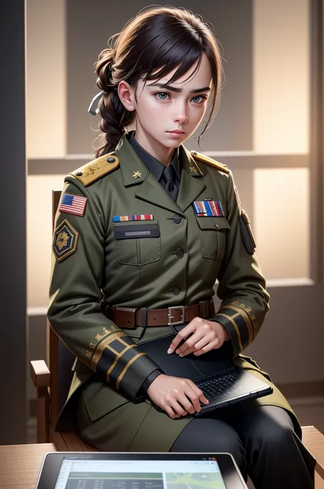 A serious-faced military girl sitting with a tablet, detailed military uniform, realistic military equipment, hyperrealistic, highly detailed, intricate, 4k, 8k, ultra-detailed, photorealistic, studio lighting, physically-based rendering, sharp focus, extr...