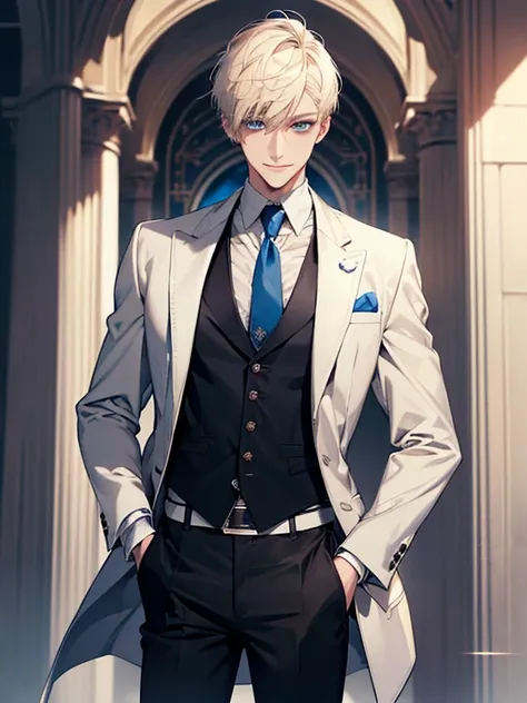 (Masterpiece, highres, best quality, finely detailed), male, smile expression facade, platinum blonde hair, short hair, White blazer, white shirt, blue tie, ivory vest cardigan, belt, black pants, blue eyes, student, super detail, accurate.