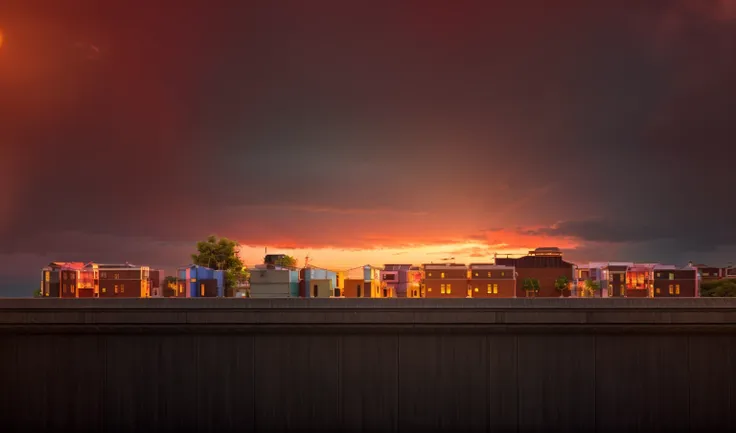 building facades，side view，commercial street，prosperity，sunset