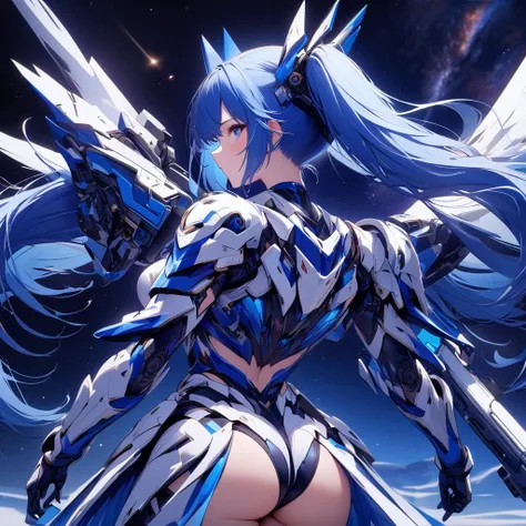 High quality, high definition, hig
h precision images,8k 1 Girl Robot Girl、Blue hair,Twin tails,blue eyes、Space background, galaxy stars、
,Blue and white clothing,Hes wearing flashy robot armor、He has a long range beam rifle.flight attitude,Beautiful white...