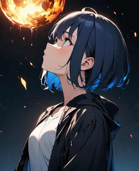 (best quality, masterpiece, ultra highres, ultra-detailed:1.2) ,girl looking up at the sky,(view of a huge a fireball falling from the sky),Stunned,BREAK.(16yo,detailed face,(darkblue hair,wavy-short hair),parallel eyebrows,small breasts),backshot,long sho...