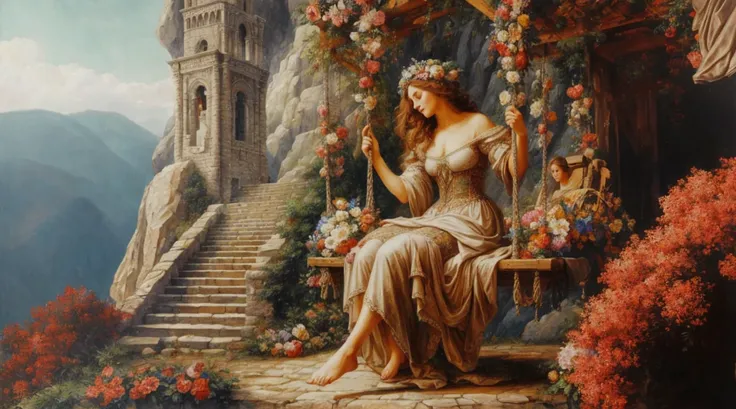 a highly detailed painting of a beautiful woman in medieval attire, she is sitting on a swing decorated with flowers, behind there are stone steps that lead to a tower, there is a cliff, The work has an old style but is rich in details, contrast and colors