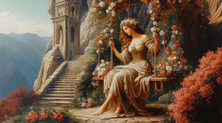 a highly detailed painting of a beautiful woman in medieval attire, she is sitting on a swing decorated with flowers, behind there are stone steps that lead to a tower, there is a cliff, The work has an old style but is rich in details, contrast and colors