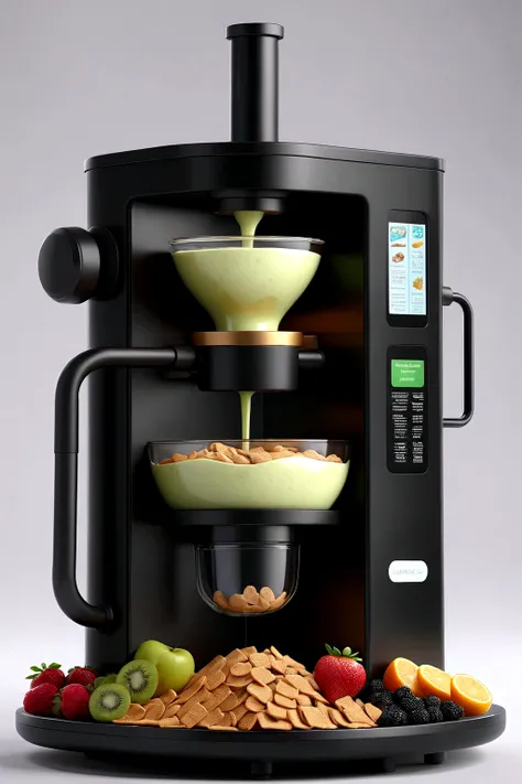 Make a big black machine with writing "green corner", This machine has to have yogurt, natural juice, healthy snacks, Cereal bars. It has to be complete, big and in 3d