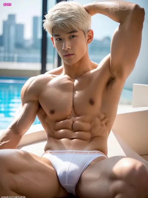 Masterpiece, Best Quality, Solo, Korean Men, swimmer, Muscular body, big muscle, Natural eyes, Short and delicate white hair, handsome, Sexy Man, light tan skin, looking at the viewer, topless, thong, large protrusions, sensual, sitting, lifted arms, sprea...