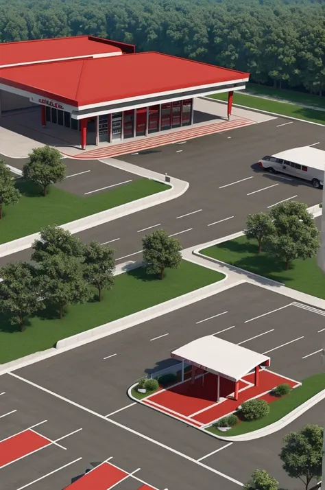 Gas station with red details on the roof. Architectural view as an Autocad . With machines waiting for you and cars. The view must be 30m aerial. The roof is rectangular in shape with two semicircular sides and is supported by 4 central columns.