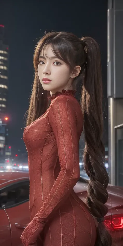 (masterpiece, best quality), intricate details, 8k, artstation, wallpaper, official art, splash art, sharp focus,, 1girl, long hair, twin tails, red eyes, brown hair, ,  spider suit, spider web printing, spider web,  , skyscrapers, city, buildings, cars, s...