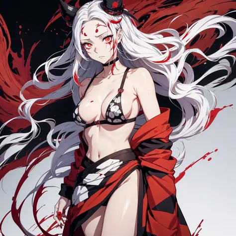 woman in Kimetsu no Yaiba anime style, expressionless, apathetic, with blood coming out of her mouth, with a bruise on her rib and lung, standing in pain, long wavy white hair with red streaks, intense yellow eyes