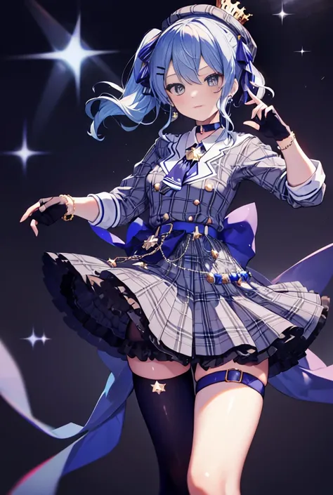 SuiseiBase, plaid beret, crown, blue star choker, star earrings, blue ascot, plaid jacket, plaid skirt, layered skirt, partially fingerless gloves, star bracelet, uneven legwear, thigh strap, long shot