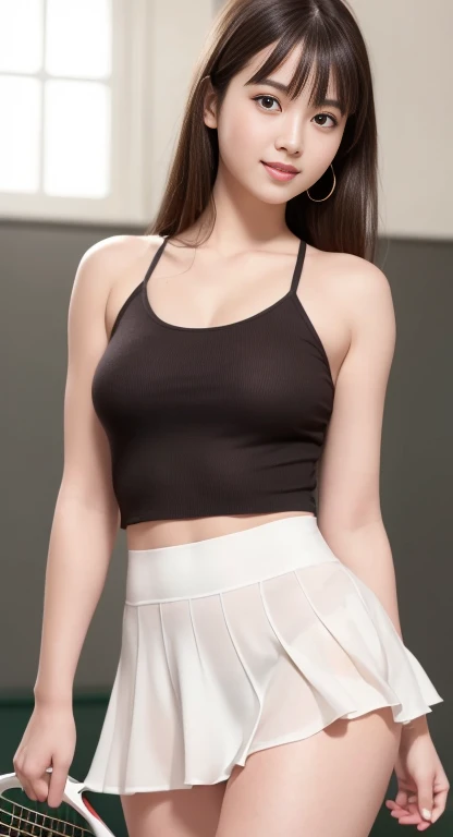 (8K, Highest quality, masterpiece: 1.2), (Realistic, Realistic: 1.37), Very detailed, 1 Girl, 20-year-old, big, beauty, cute, smile, alone, Tennis Wear, mini skirt, White base、Beautiful thighs、beautiful cameltoe、Tennis court, racket, Tennis ball, (Nose red...