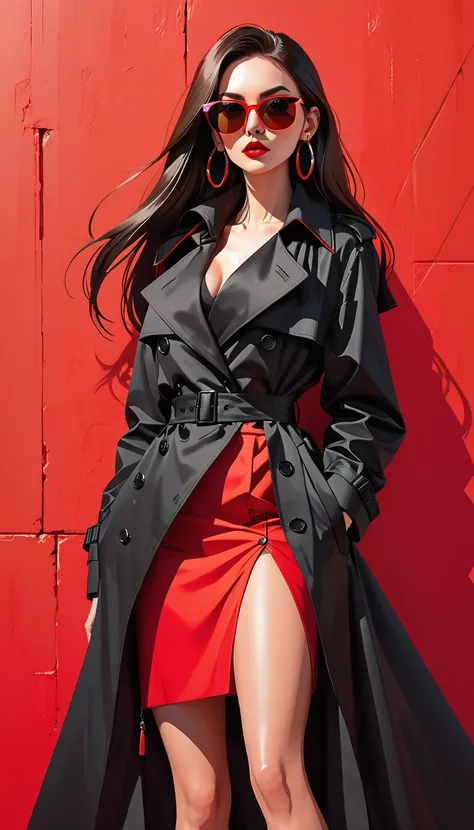 Simple vector illustration，Beautiful girl standing against the wall，Unique，Skin details，Bright Eyes，Long straight hair，sunglasses，Exaggerated earrings，Unique，Staring at the audience），（Black deep V trench coat：1.37，Red bottoming skirt）。Looking from the bott...