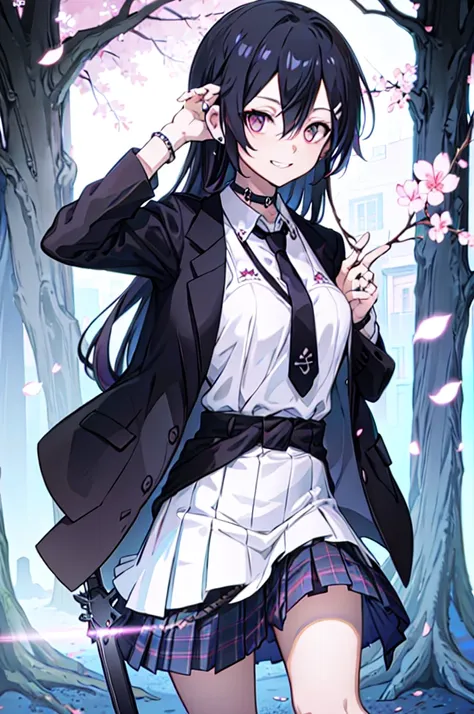 masterpiece, best quality,  full body,
1girl, bangs, black choker, black necktie, black hair, blue skirt, blush, bracelet, breas...