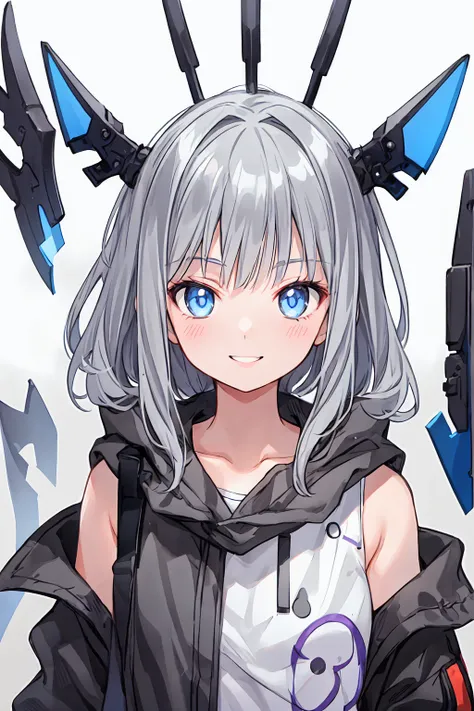 【Highest quality, Tabletop】 [girl, coat, Expressionless, blue eyes, positive, Black Hair, walking, Upper Body] (Gray white background:1.7), Smiling with teeth showing