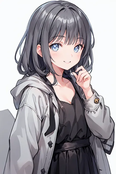 【Highest quality, Tabletop】 [girl, coat, Expressionless, blue eyes, positive, Black Hair, walking, Upper Body] (Gray white background:1.7), Smiling with teeth showing