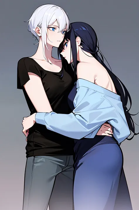 1girl, off-shoulder sweater, couple. A man with short, black hair, tall, arrogant. blue eyes, black t-shirt and black pants. A girl, red t-shirt, long hair, white hair, blue eyes. they are kissing.