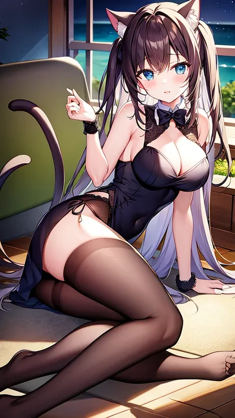 (Masterpiece), (best quality), A cat girl in her 20&#39;s, long black hair with purple tips, blue eyes, cat ears and a cat tail. wearing black round glasses (black crop top เสื้อเอวลอย) A light purple silk short jacket showing off the shoulders. black shor...