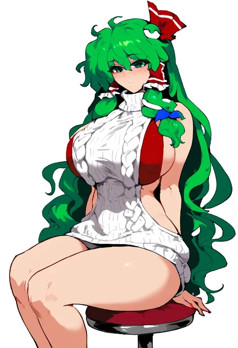 Expressive, score_9, score_8_up, score_9_up, Touhou, masterpiece, high quality, highly detailed, 1girl, kochiya sanae, solo, green hair, long hair, green eyes, long hair, big breasts, blush, round breasts,,,,,, frog hair ornament, hair tubes, snake hair or...