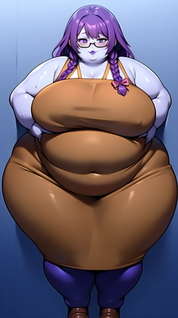 Anime Women, Lady、amount、Long braids down to the waist、Purple Hair、Glasses、Sharp eyes、Purple lips、Cobalt blue body、Cobalt blue skin、Are fat、Chubby、Sensual、obesity、Double chin、Fatty neck、Big Breasts、Saggy breasts、Thick upper arms、Thick arms、thick fingers、Fa...