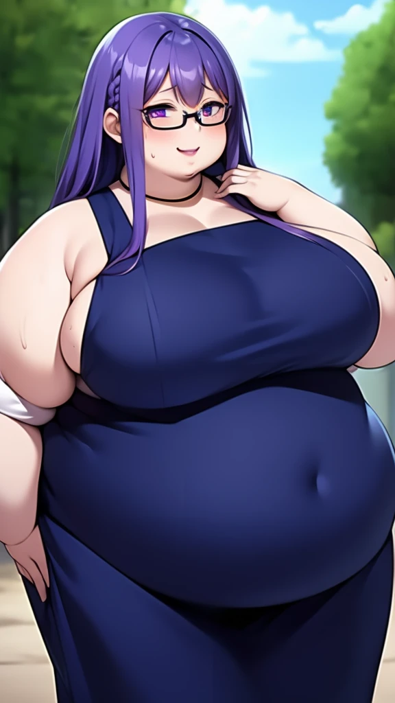 Anime Women, Lady、amount、Long braids down to the waist、Purple Hair、Glasses、Sharp eyes、Purple lips、Cobalt blue body、Cobalt blue skin、Are fat、Chubby、Sensual、obesity、Double chin、Fatty neck、Big Breasts、Saggy breasts、Thick upper arms、Thick arms、thick fingers、Fa...