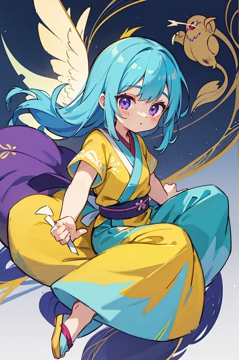 Yellow and light blue two-tone hair, purple eyes, Oriental-style clothes, , Balaur