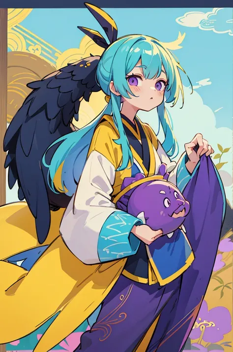 Yellow and light blue two-tone hair, purple eyes, Oriental-style clothes, , Balaur