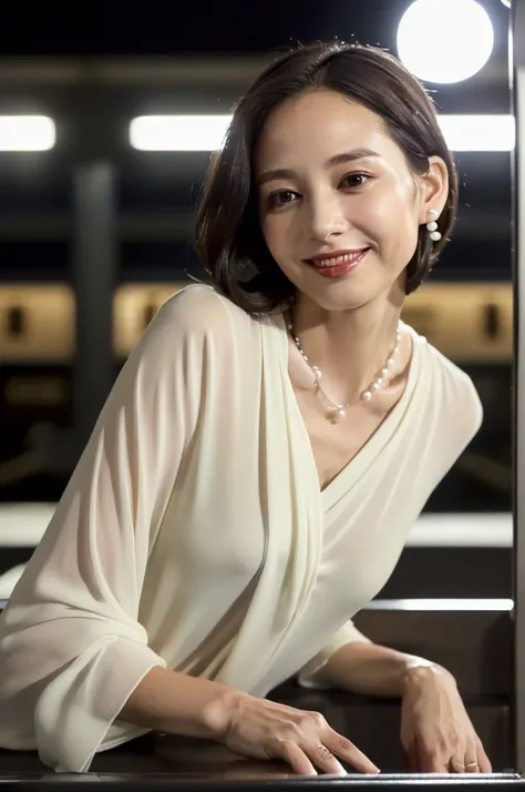 (((From the front、An American-shot photo, looking at viewer))),(((( Seductive pose, 7 heads、Staring Intently :1.8)))),(((A pure white business blouse with a wide V-neck and extremely thin fabric., Soaking wet、She is looking straight at the camera with a ve...