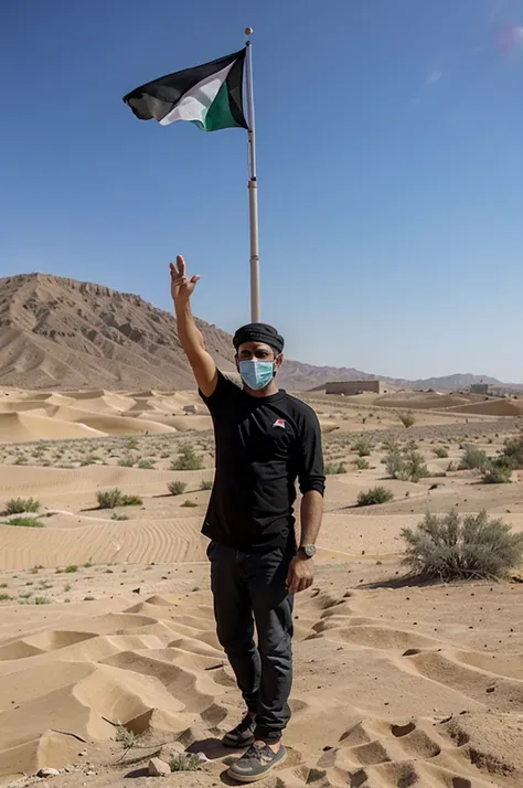 A man is waving a Palestinian flag in the desert