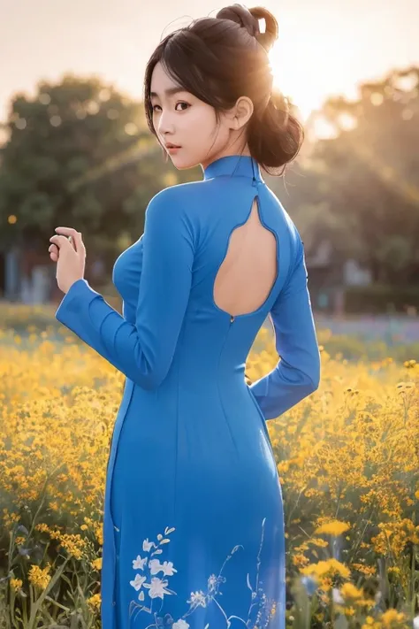 (a beautiful asian girl in blue aodai:1.2) , masterpiece, best quality, realistic:1.3,in a field of flowers, sunlight, backlighting
(lacy panty:1), (lacy bra:1), (from side)
(twin tail| hair bun| bun hair|updo hair), hair accessory