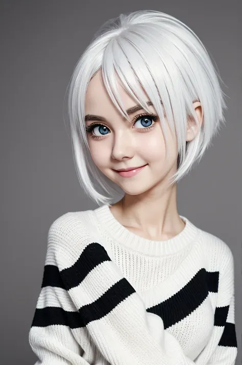 Create cartoon anime girl with big eyes small smile white hair and white skin wearing white sweater with thin black stripes
