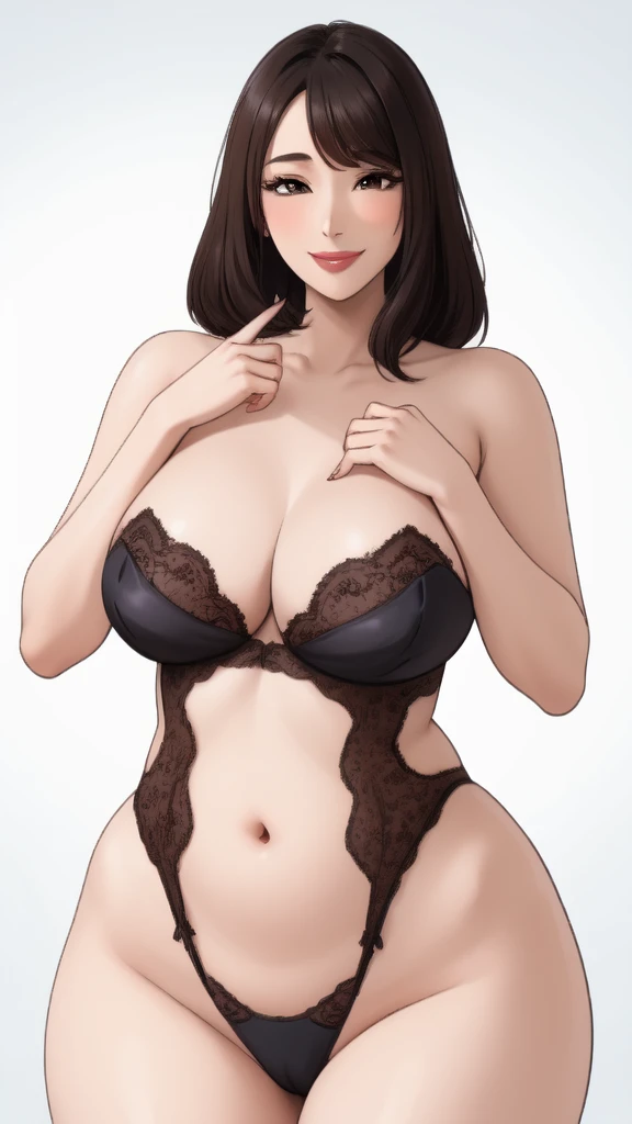 ((best quality)), ((masterpiece)), (detailed), (Realistic), (Vibrant), 1girl, mature female, milf, looking at viewer, plump breasts, cleavage, slightly chubby, hourglass figure, white background, black lace underwear, brown hair, long hair, skindentation, ...