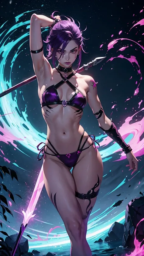 man man purple hair, scars all over the theme, fuchsia skin holding a cursed spear