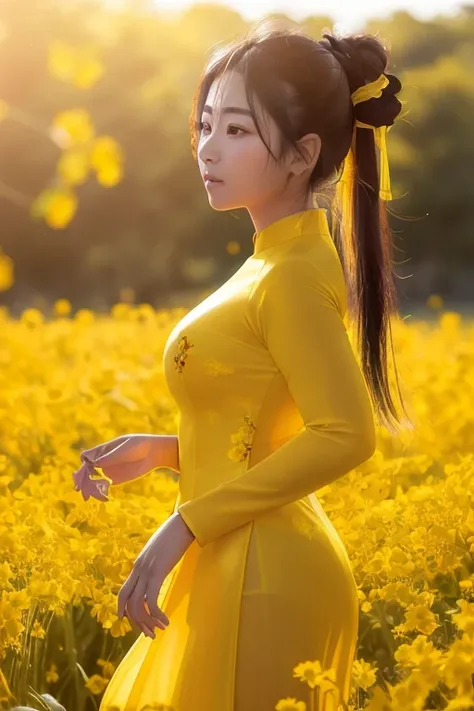 (a beautiful asian girl in yellow aodai:1.2) , masterpiece, best quality, realistic:1.3,in a field of flowers, sunlight, backlighting
(lacy panty:1), (lacy bra:1), (from side)
(twin tail| hair bun| bun hair|updo hair), hair accessory