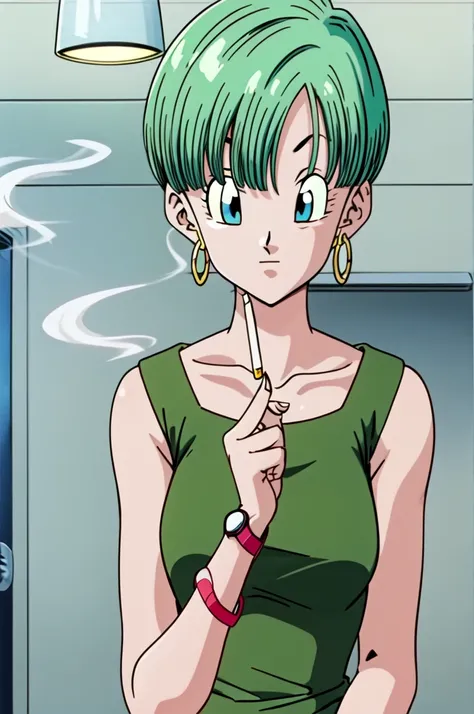 buu saga, bulma, 1girl, solo, looking at viewer, bowl cut, very short hair, blue eyes, holding, jewelry, upper body, earrings, green hair, sleeveless, indoors, bracelet,  smoke, watch, cigarette, hoop earrings, green dress, smoking, wristwatch, lighting ci...