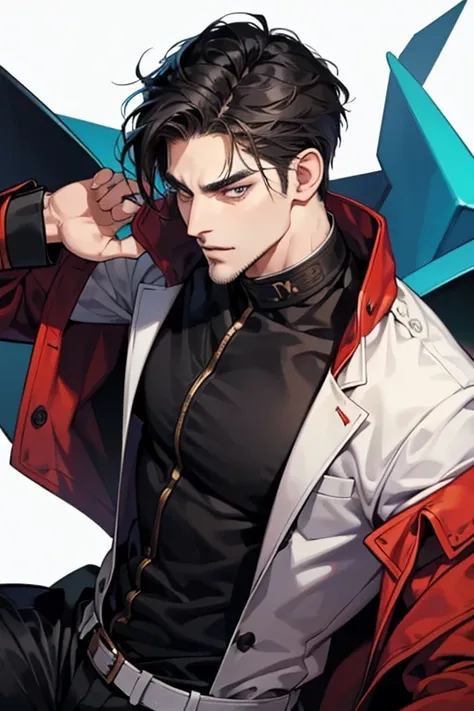 A 33 year old man, 3 day beard, handsome anime, strong, masculine, dark hair, sharp jawline, mesmerizing eyes, perfectly styled hair, cool anime outfit, confident expression, vibrant colors, dynamic lighting