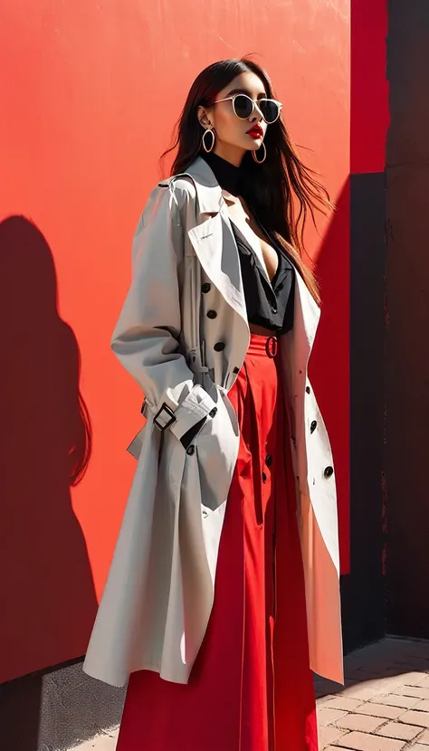 Simple vector illustration，Beautiful girl standing against the wall，unique，confidence，Long straight hair，sunglasses，Exaggerated earrings，unique，Staring at the audience），（Black deep V trench coat：1.37，Red bottoming skirt）。Looking from the bottom up，Geometri...