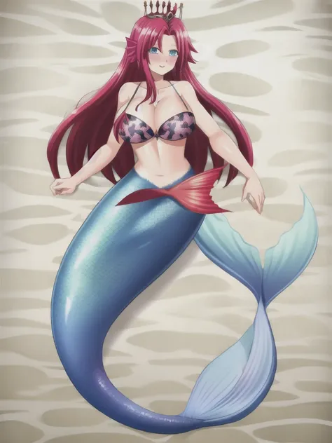 1Mermaid, mermaid tail below waistline, underwaters, pearl crown, red hair, long hair, blue eyes, cow print bra, large breasts, cleavage, happy, blush, full body,