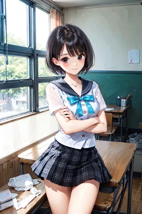 very cute and beautiful girl,(very detailed美しい顔),
(smile),blush,black hair,white blouse,ribbon,(pleated check mini skirt),are st...