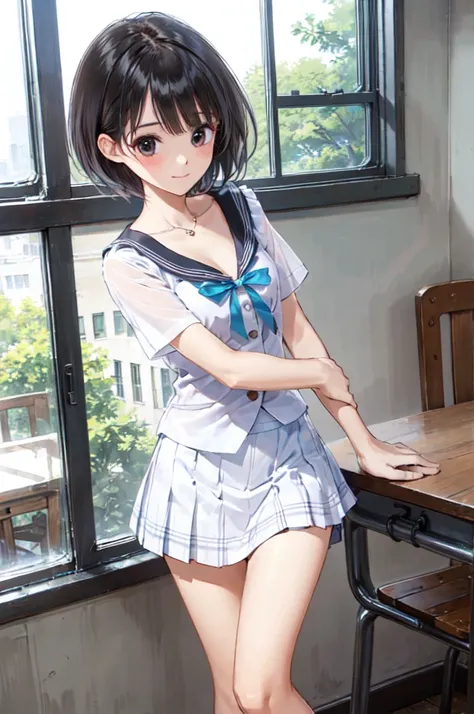 very cute and beautiful girl,(very detailed美しい顔),
(smile),blush,black hair,white blouse,ribbon,(pleated check mini skirt),are st...