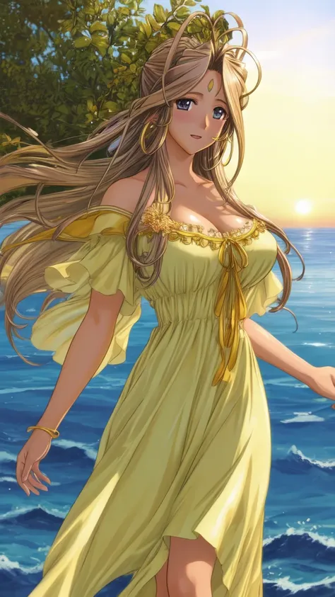 belldandy, large breasts, standing, solo, sundress,, masterpiece, best quality, detailed face, detailed eyes, highres,