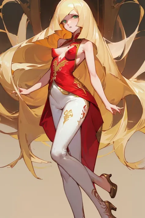 ((Highest quality)), ((masterpiece)), (Familiar),nsfw,Lusamine,thin,Long blonde hair,Small breasts,Small breasts,Erect nipples,Tattoo of the uterus,Adult female,Green Eyes,Slanted Eyes,Sleeveless dress,Gorgeous red dress,Gold embroidery,High heels,Fascinat...