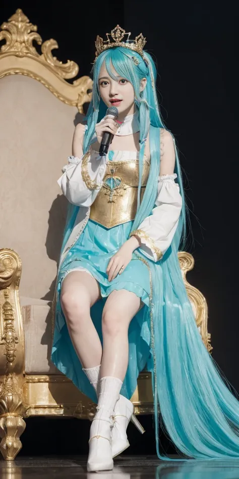 1girl, hatsune miku, princess outfit, crown, gold, ((throne)), in a castle, middle ages, wearing a blue vest, one foot on the gr...