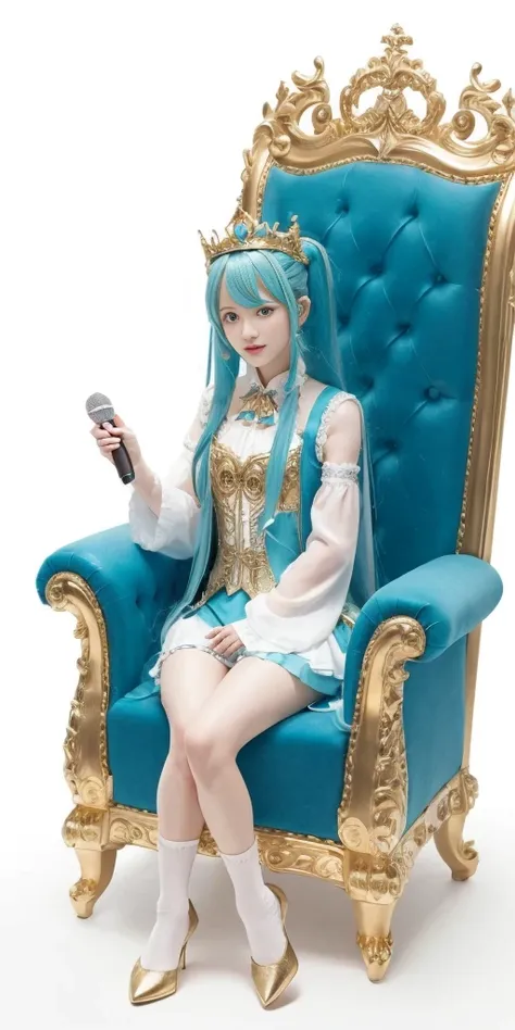 1girl, hatsune miku, princess outfit, crown, gold, ((throne)), in a castle, middle ages, wearing a blue vest, one foot on the gr...