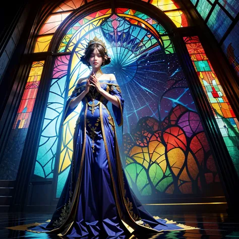 (Masterpiece, TopQuality,Official art, Beautiful and aesthetic:1.2), ExtremelyDetailed a Goddess BREAK Stunning Elaborate Stained Glass Art, Colored Glass, Lead Line, Light transmission Break Bright colors, intricate designs, luminous effect, Spiritual atm...