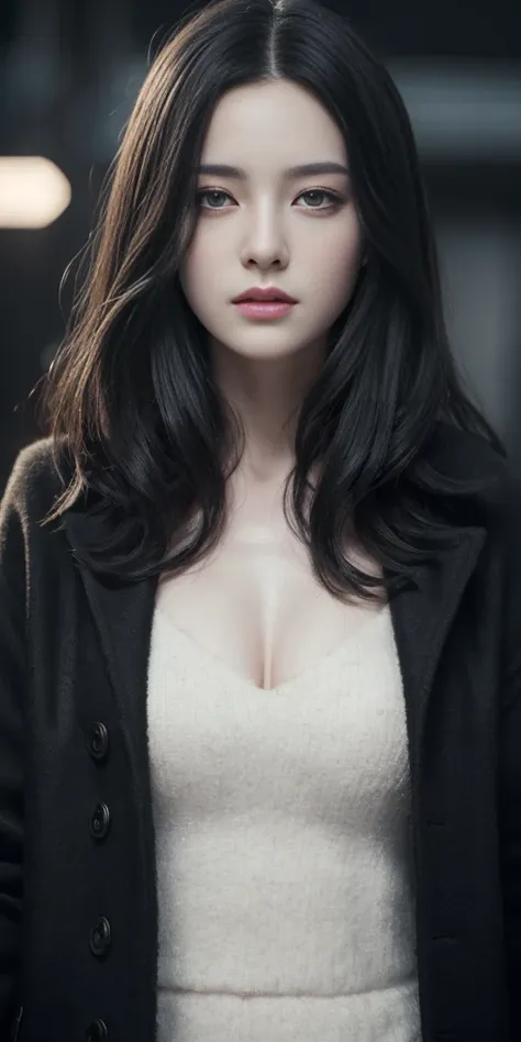 beautiful girl with realistic black eyes, pale skin, mid-length black hair, perfect face, perfect eyes, wearing coat, highly det...