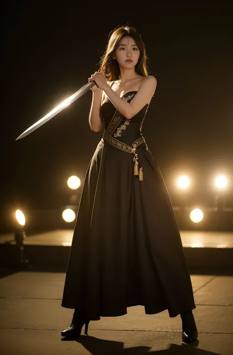 Full body photo of 1 girl,Front view,Looking at the audience, Focus alone, Practical, Hold a sword in hand